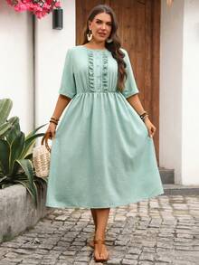 EMERY ROSE Plus Size Women's Round Neck Pleated Casual Party Dress - Fresh Green - View 4