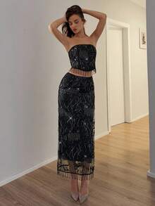 SHEIN Allurite Women's Rhinestone Decorated Bandeau Top - Black - View 6