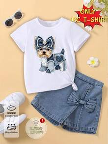 Áo thun ngắn màu trắng cơ bản in hình chú chó hoạt hình dễ thương màu xanh trắng với nơ trang trí, phong cách thường ngày năng động, sáng tạo, tươi tắn cho bé gái mùa xuân và hè, thoải mái khi mặc hàng ngày, ấm áp cho cả mùa hè và mùa thu. - trắng - Xem 1