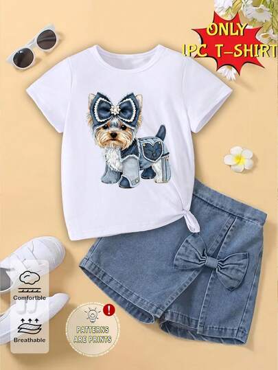 Spring And Summer Girls Casual Fashionable Creative Personality Fresh Cute Cartoon Puppy Blue & White Bow Decor Print Basic White Short T-Shirt, Comfortable Daily Wear, Cozy Summer & Fall Styles Suitable For Girls In Spring, Summer And Autumn