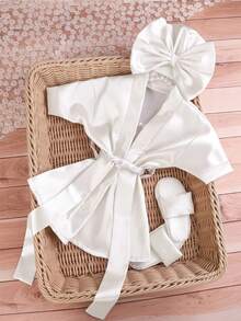 Bộ váy và mũ màu trơn dễ thương cho bé sơ sinh, thích hợp chụp ảnh kỷ niệm. - trắng - Xem 6