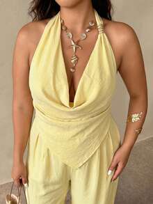 Auralis 2-Piece Set Women's Butter Yellow Summer Beach Holiday Elegant Linen Outfits,Square Scarf Hem Halter Top And Wide-Leg Pants Graduation Outfit Sets - Yellow - View 7