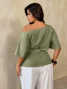 Auralis Plus Size Spring/Summer New Versatile Minimalist Commuter Asymmetric Batwing Sleeve Ruched Waist Fitted Pullover Blouse - Green - View 3