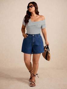 Elaquor Plus Size Summer Casual Slant Pocket Denim Shorts Set Beach Formal Sky Blue Navy Blue - Blue - View 5