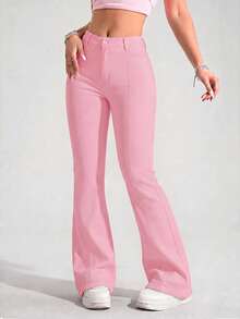 SHEIN PETITE Quần jean ống loe nữ cài nút, kiểu dáng thường ngày, đa năng. - Hồng - Xem 5