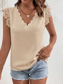 Coeurva Women's Solid Color V-Neck Contrast Lace Cap Sleeve Fashionable Blouse,Summer Top - Apricot - View 5