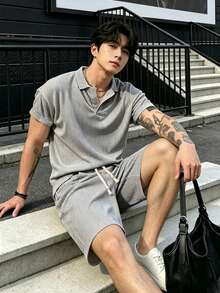Manfinity Homme Men's Solid Color Polo Shirt And Shorts Set, Minimalist Style For Summer - Grey - View 5