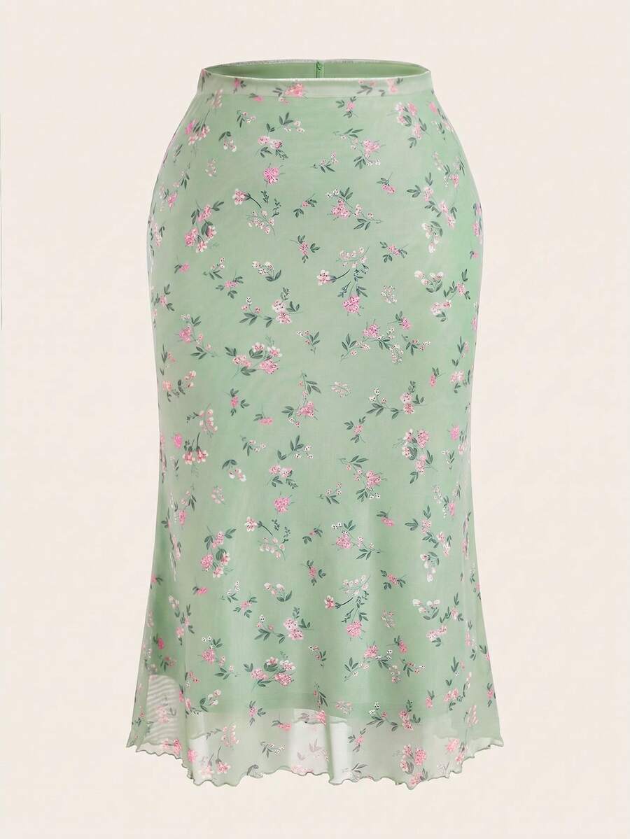 SHEIN EZwear 大码女式印花休闲百搭约会外出A字裙 - 薄荷綠 - 查看 1