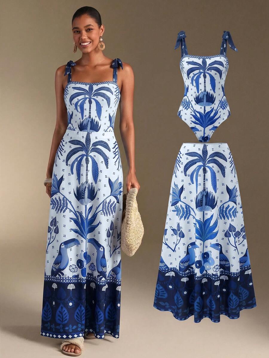 Swim Oasis Floral Palm Tree Print Premium One-Piece Swimsuit For Women, Beach Vacation Holiday Vacation Resort Light Blue Summer Tropical - Blue and White - View 1