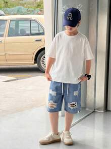 SHEIN 男童时尚做旧宽松弹力腰牛仔短裤，百搭舒适，适合日常穿着、旅行和度假 - 藍色 - 查看 5
