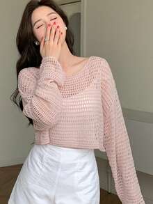 DAZY Hollow Out Cover Up Cover Up With Round Neckline Summer Sheer - Baby Pink - View 1