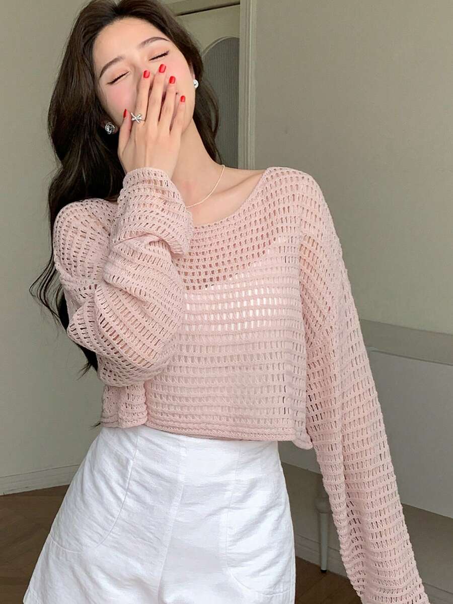 DAZY Hollow Out Cover Up Cover Up With Round Neckline Summer Sheer - Baby Pink - View 1