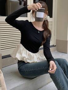 DAZY Women Crew Neck Colorblock Long Sleeve T-Shirt,Ruffle,Fall Clothes - Black and White - View 2