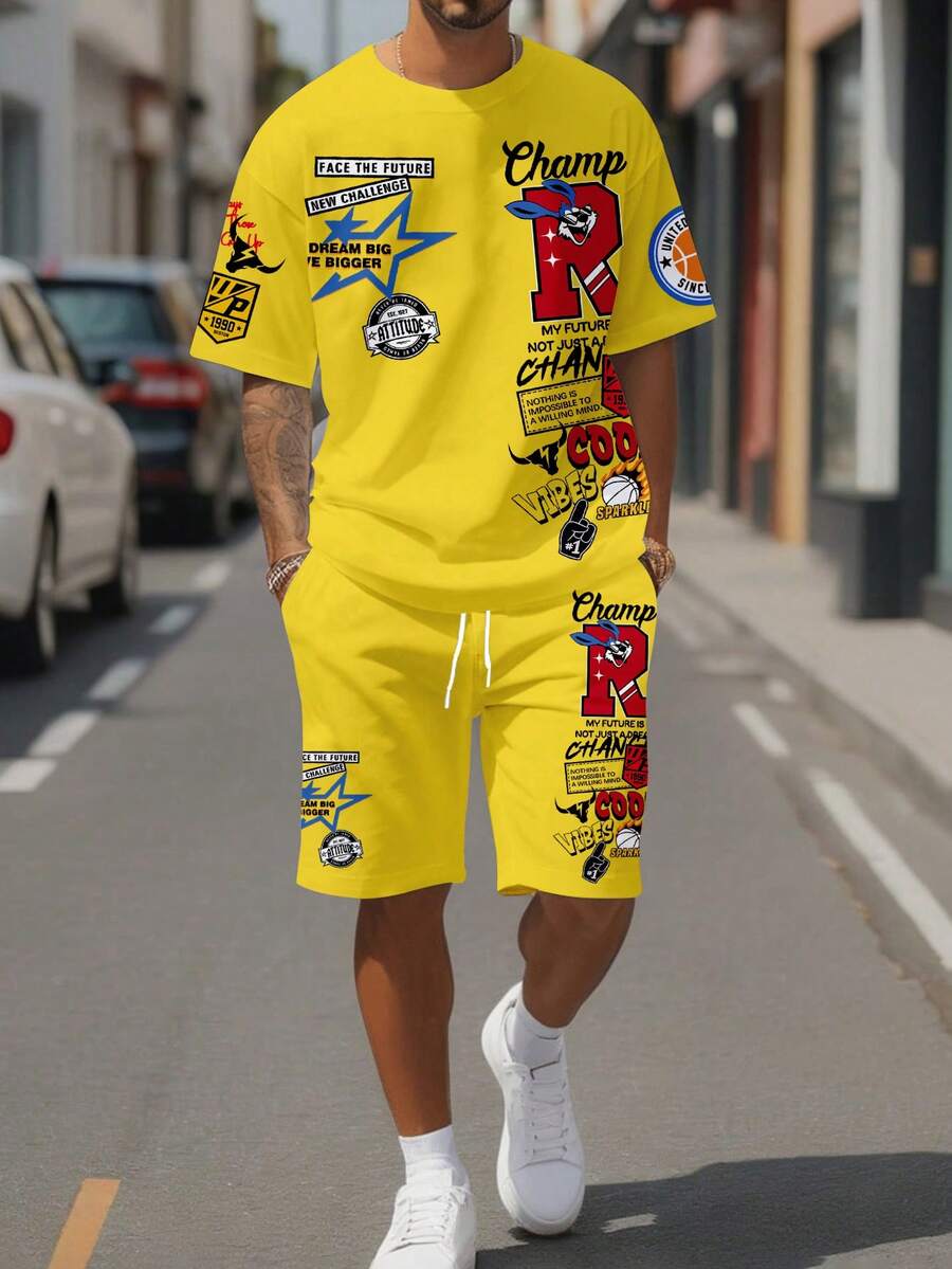 Sorvial Men's Casual Letter Printed Short Sleeve T-Shirt & Shorts Set, Summer, Holiday - Yellow - View 1