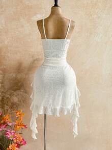 Soleia Women's Fashion Front Knot Ruched Lace Patchwork Asymmetrical Hem Dress - Beige - View 2