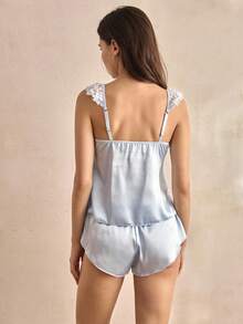 Charlaine 2pcs Set French Elegant Lace Taffeta Satin Women Pajamas Set - Baby Blue - View 2