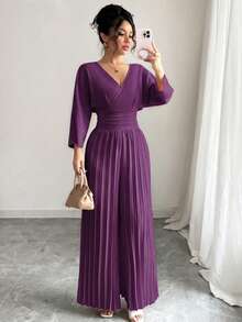 Rafferiza Women's Solid Color Minimalist V-Neck Jumpsuit, Everyday Wear - Purple - View 5