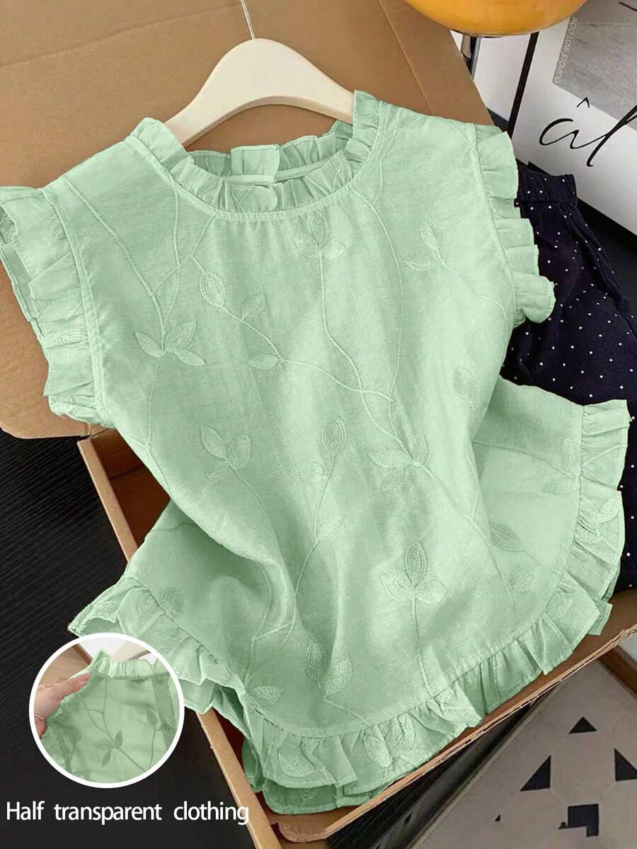 GlowEve Women's Sleeveless Embroidered Frill Trim Shirt - Mint Green - View 1