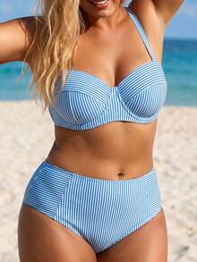 Swim Lushoire Plus Size Women's Summer Beach Vacation Colorblock Striped Print Underwire Twist Back Tankini Bikini Set Set - Blue and White - View 3