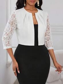 SHEIN Lady 女士纯色圆领插肩袖蕾丝拼接短款褶裥常规外套 - 白色 - 查看 3