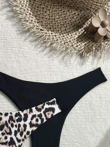 Swim Vcay 女款黑色與豹紋印花性感海灘比基尼泳褲套裝，夏季 - 彩色 - 查看 5