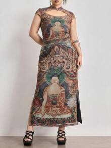 ROMWE Avant Vintage-Style Chinese Buddhist Statue Print Side Slit Mesh Plus Size Women Skirt - Multicolor - View 1