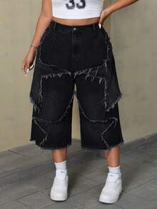 SHEIN ICON 大码夏季街头风毛边斜插口袋宽松牛仔裤 - 黑色 - 查看 6