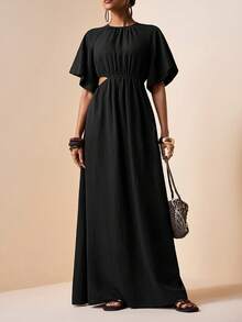 Zivah Elegant Sexy Casual Jamican Pastal Summer Vacation Maxi Dress Women's Loose Round Neck Short Sleeve Ruffle Hollow Waist Linen Textured Boho Long Black - Black - View 1