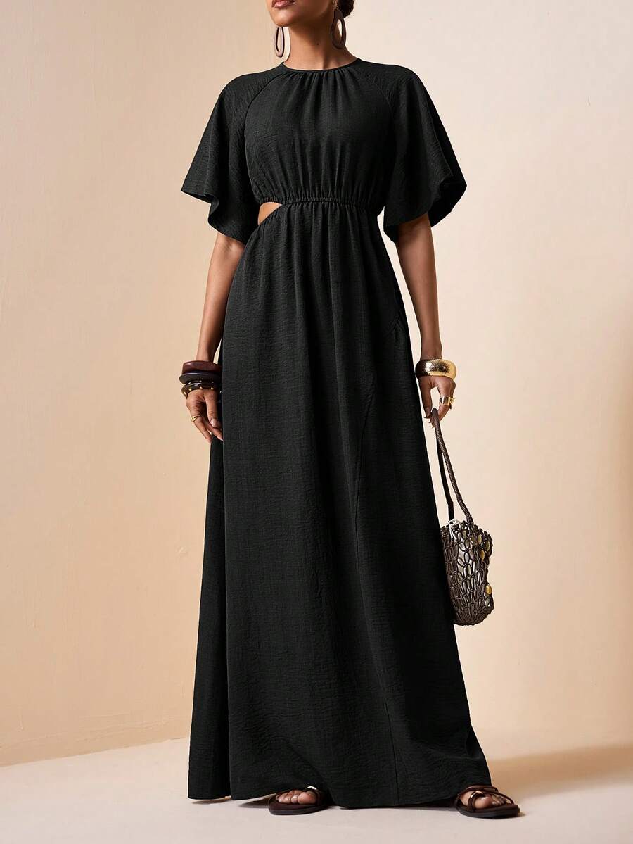 Zivah Elegant Sexy Casual Jamican Pastal Summer Vacation Maxi Dress Women's Loose Round Neck Short Sleeve Ruffle Hollow Waist Linen Textured Boho Long Black - Black - View 1