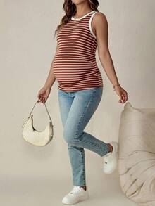 SHEIN 孕婦夏季休閒條紋飾邊圓領貼身背心上衣 - 紅色 - 查看 5