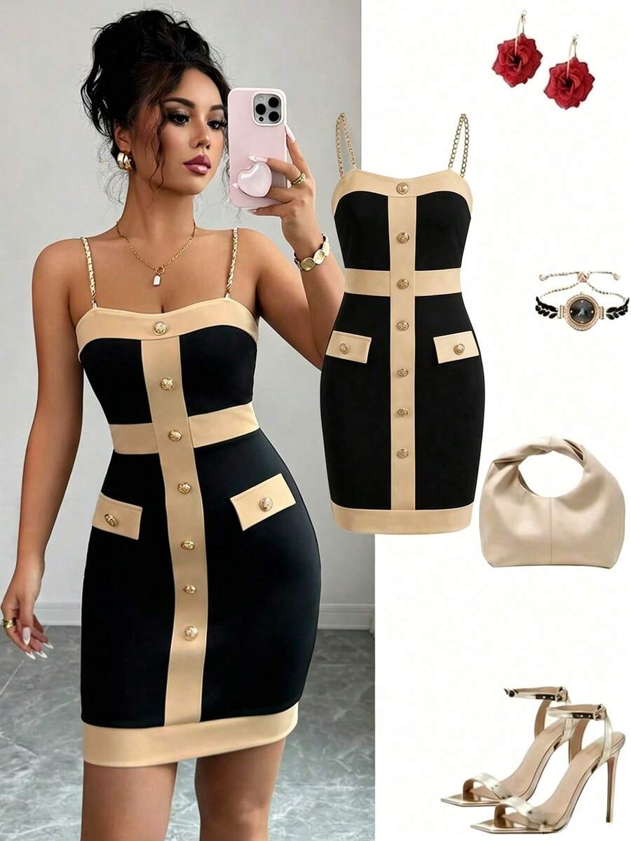 Elenzga Women's Metal Strap Metal Buckle Decor Sexy Elegant Dress - Khaki - View 1