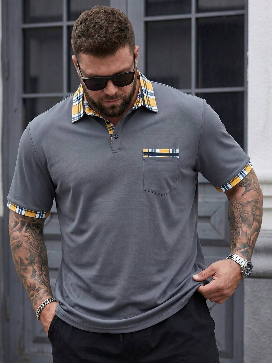 Men's Plus Size Color-Block Short Sleeve Polo Shirt, Summer - Grey - View 1