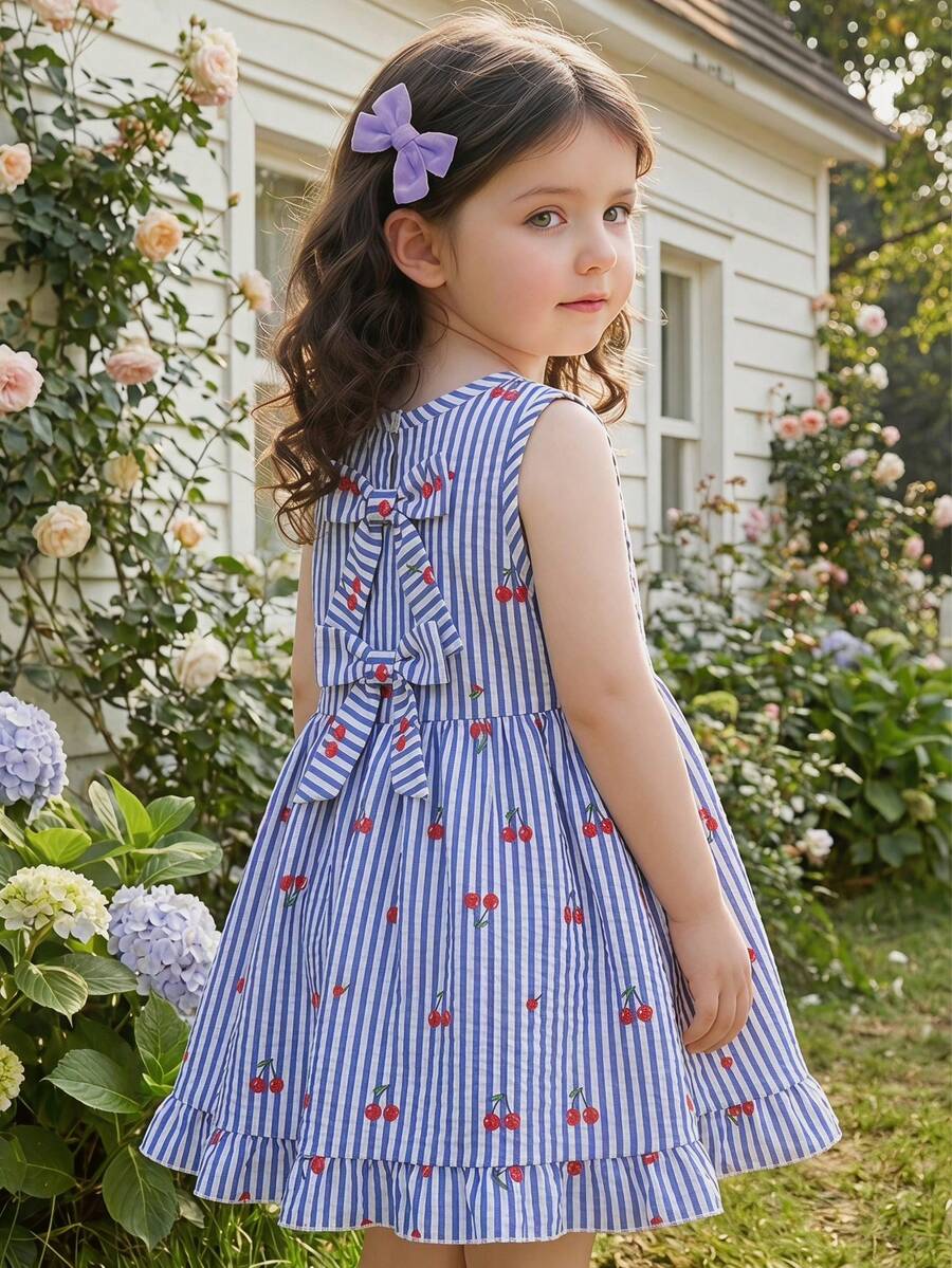 SHEIN Vintaside Kids 女婴夏季条纹连衣裙,柔和渐变色营造甜美氛围,经典条纹图案简约时尚,背部蝴蝶结装饰俏皮吸睛,宽松舒适,适合户外散步、居家休闲、亲子出游、派对等各种欢乐场合。 - 藍色 - 查看 1
