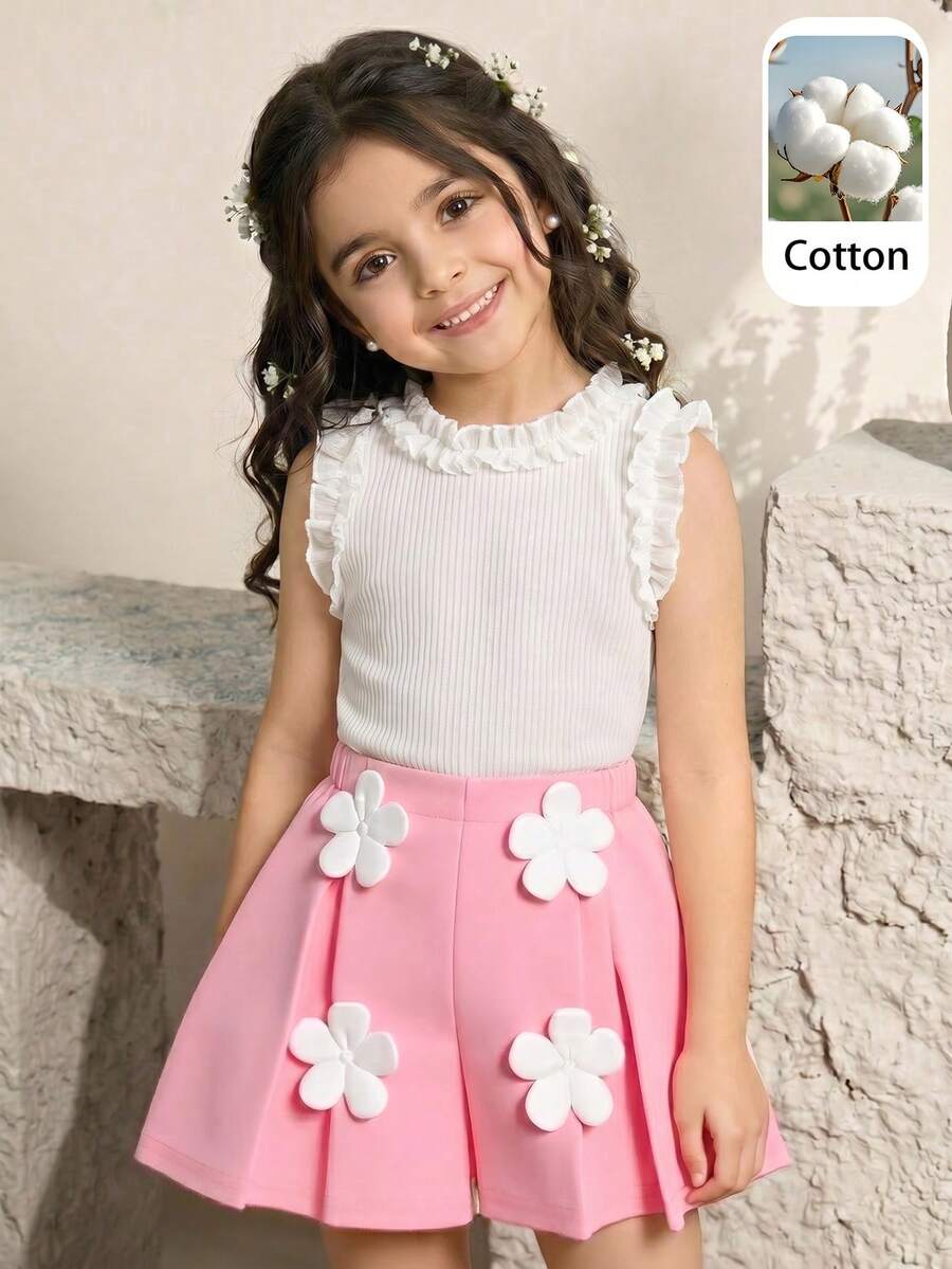 SHEIN Genkimix Kids Spring Summer Girls Toddler White Ribbed Ruffle Trim Camisole Fine Vertical Ribbed Fabric Layered Ruffle Trim Neckline Straps Gentle Sweet Girl Vibe - White - View 1