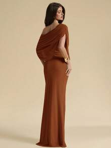 SHEIN BAE Coffee Brown Off-Shoulder Ruched Fitted Elegant Dress, Tight Fitted Elegant Dress, Flowing Dress Coffee Date Summer - Rust Brown - View 6