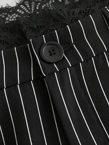 SHEIN MOD 加大码黑色蕾丝拼接优雅高腰阔腿条纹裤 - 黑色 - 查看 3