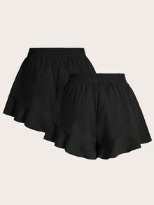 Elaquor Plus Size Solid Color Shorts With French Ruffle Hem - Black - View 2