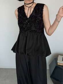 FRIFUL Women's French Style Lace Patchwork Camisole And Casual Pants 2 Pieces Set Summer - Black - View 5