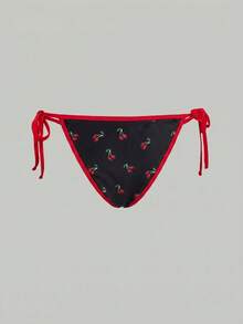 SHEIN MOD 女士樱桃印花挂脖比基尼套装，含罩衫，三件套度假沙滩装 - 黑色 - 查看 11