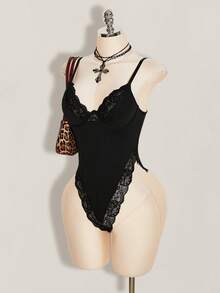 SHEIN ICON Women's Solid Color Spaghetti Strap Sleeveless Fitted Lace Patchwork Bodysuit, Summer - Black - View 8