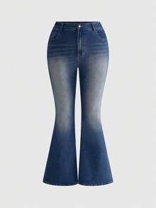 Sweetness Plus Size Vintage Casual Washed Summer Embroidered Cute Apple Pattern Versatile Minimalist High Stretch Flare Jeans Teachers' Day Formal Graduation - Blue - View 4