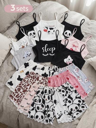 9 Sets Random Delivery 3 Sets, Cute Cartoon Koala, Cow, Panda Animal Print Soft & Comfortable Girls Camisole & Shorts Pajama Set