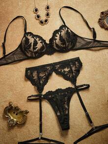 PinupPomp 5pcs/Set Women's Embroidery Mesh Sexy Lingerie Set For Going Out - Black - View 3