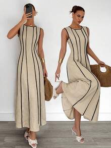 Siren Gaze New Summer Sleeveless Linen Maxi Dress With Beige Detail Slimming Fit - Versatile Style For Bohemian Elegant Beach Vacation Or Daily Commuting - Apricot - View 5