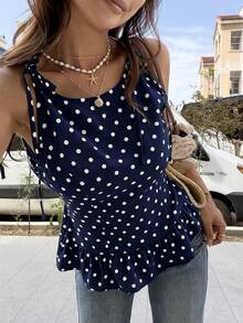 Elyressa Elegant Tropical And Stylish Summer Vest For Women With Woven Prints Beach Vacation Navy Blue Polka Dot - Royal Blue - View 1