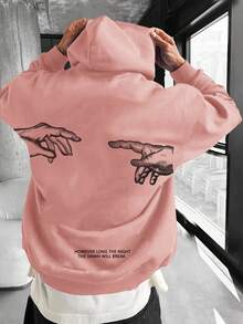 Manfinity Homme Sudadera con capucha holgada de manga larga con forro térmico y estampado de dedos para hombres, para otoño e invierno - Rosa - Ver 1