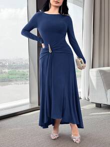 Modelyn 女士纯色金属装饰长袖褶皱优雅中长连衣裙 - 藏蓝色 - 查看 4