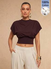SHEIN x Luisa Sonza Silquee 女士纯色圆领蝙蝠袖短袖露脐上衣 - 咖啡棕 - 查看 8