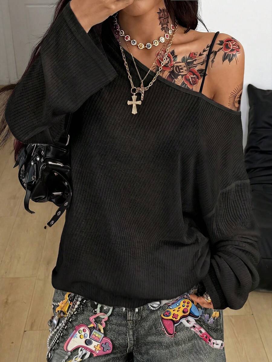 Coolane Women's Spring Goth Grunge Y2K Cupid Graphics Comfortable Asymmetrical Neck Off The Shoulder Long Sleeve T-Shirt ,X Rafael Machado,Summer Top - Black - View 1