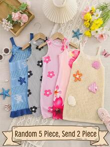 SHEIN 2件套 女童针织条纹花卉图案立领无袖连衣裙 - 彩色 - 查看 4